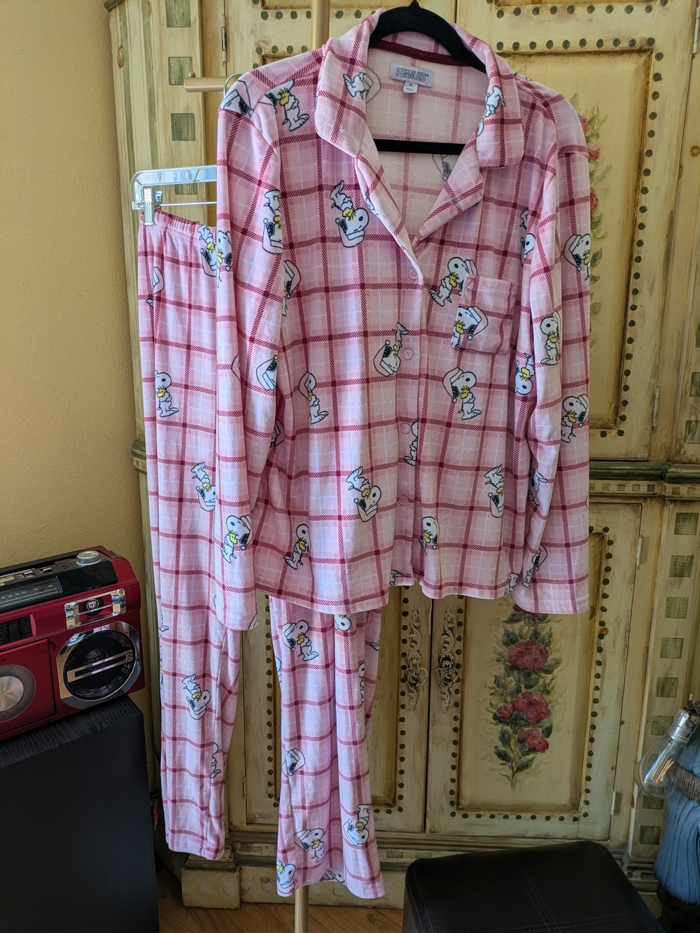 Snoopy Pink Plaid Kids Pajama Set - Cozy Sleepwear Sz XL